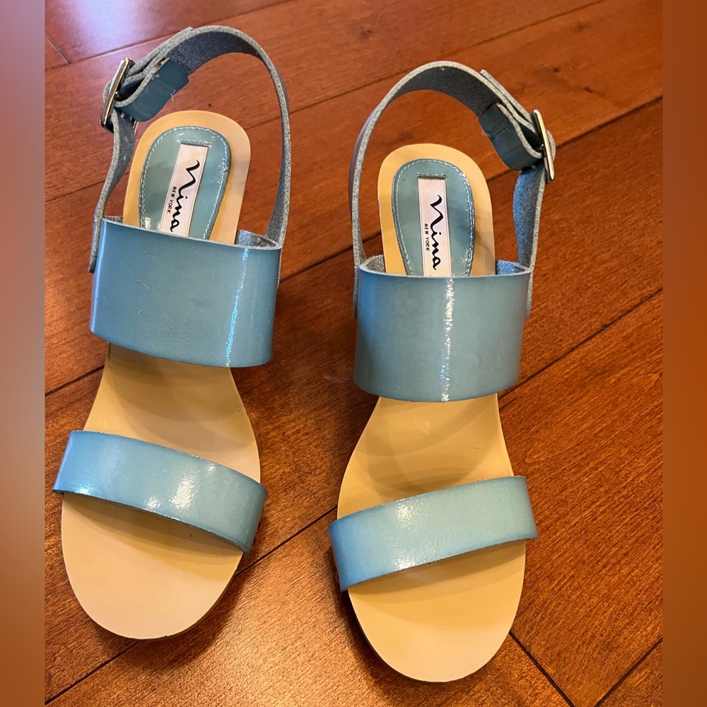Nina Light Blue Leather Studded Slingback Heels - Picture 2 of 3